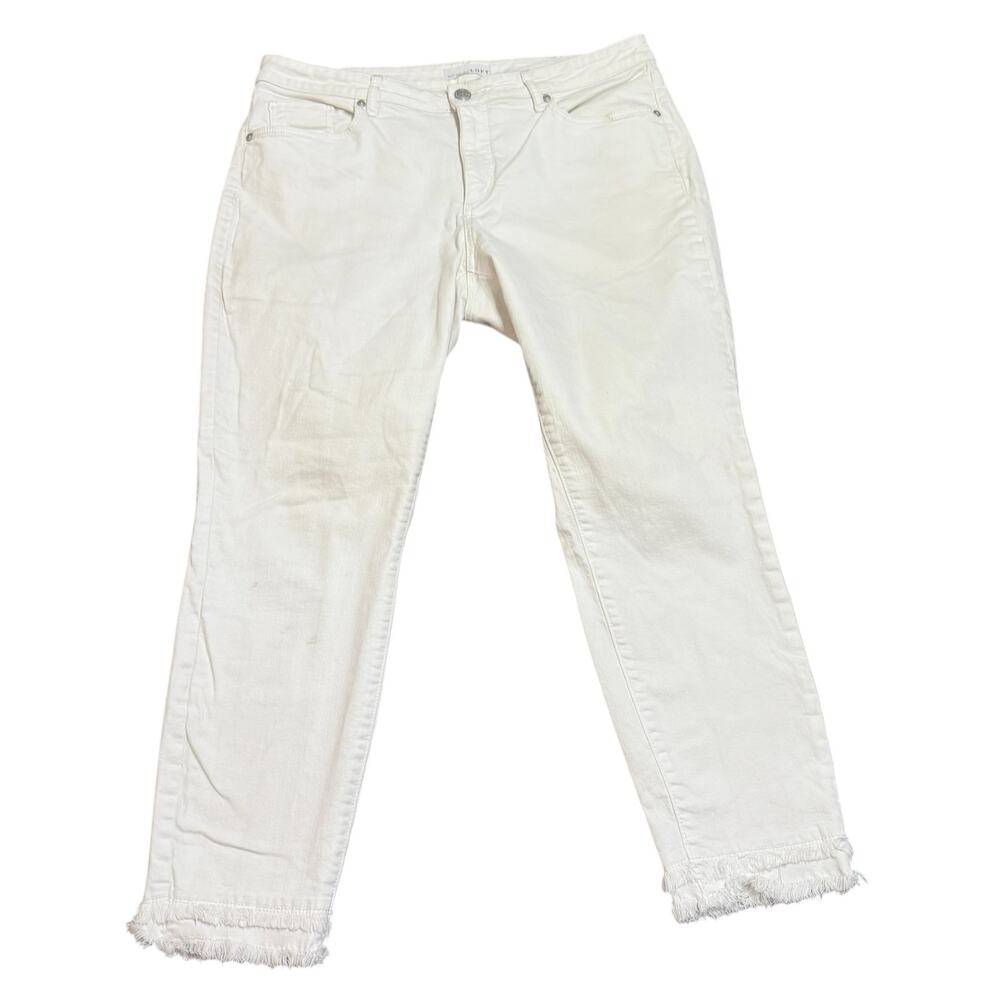 LOFT Womens white jeans, Size 32/14, double raw hem, curvy skinny